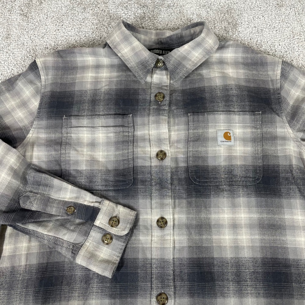 Carhartt Flannel Shirt Womens Small Loose Fit Rugged‎ Flex Plaid Button Up Grey